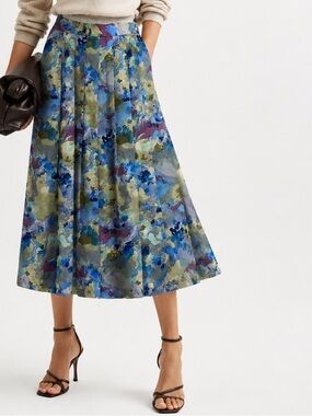 Geiger Austria Pure New Wool Lined Colorful Abstract Midi Skirt Size 40 (Size 8)